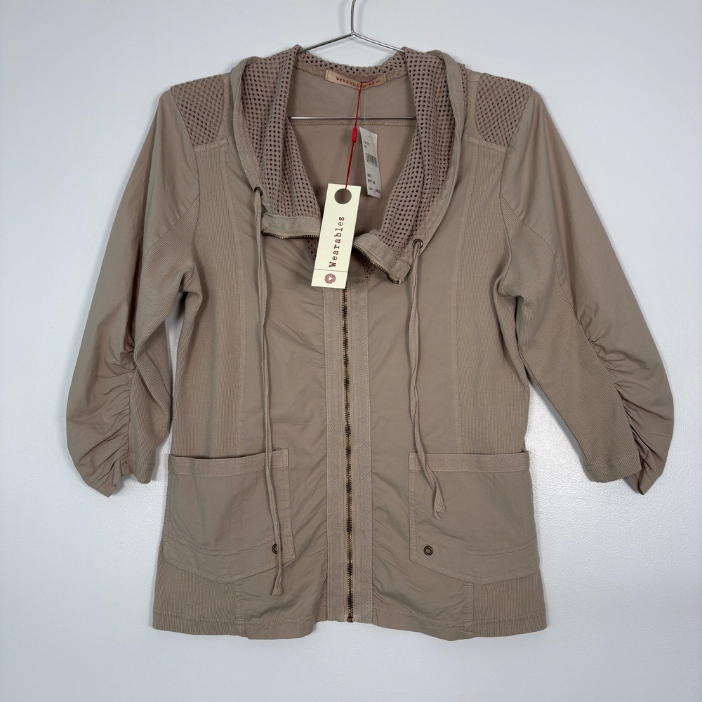 NWT Wearables XCVI Women Jacket sz L Tan Mixed Media Zip Up Ruched Sleeve 13967W